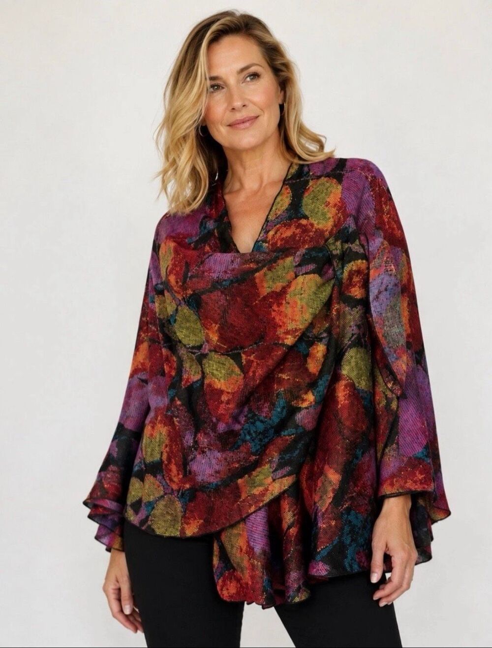 NWT Rapti Fashion 100% Cashmere Multicolor Abstract Draped Poncho Wrap One Size